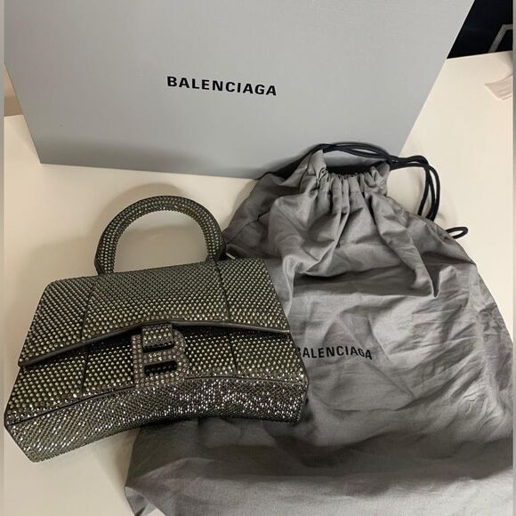 BALENCIAGA GREY HANDBAG WOMEN'S HOURGLASS XS SHOULDER STRAP WITH RHINESTONES - Picture 2 of 10